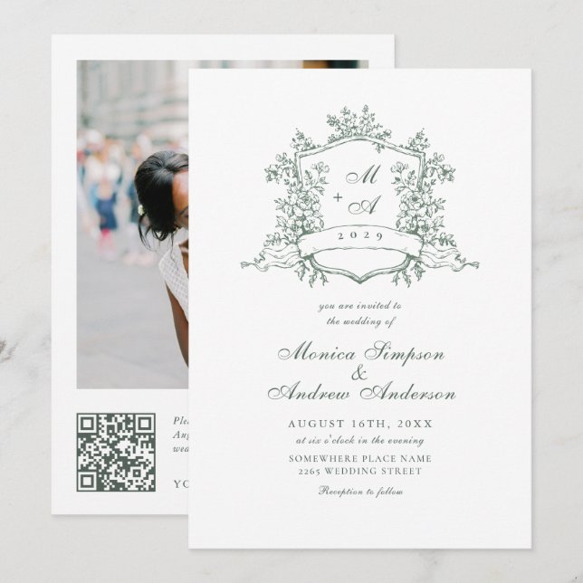 Invitación Elegante código QR de la Boda del Jardín Francés S (Anverso / Reverso)