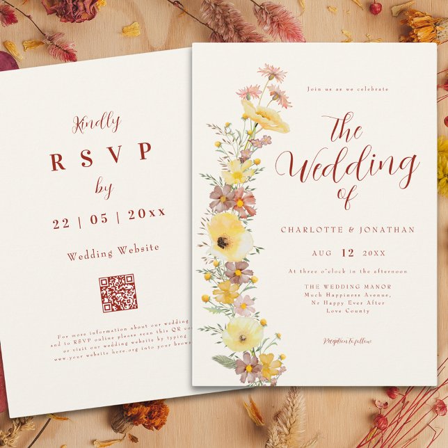 Invitación Elegante código QR de la flor silvestre Boho (Boho chic wildflower fall wedding qr code invitation )