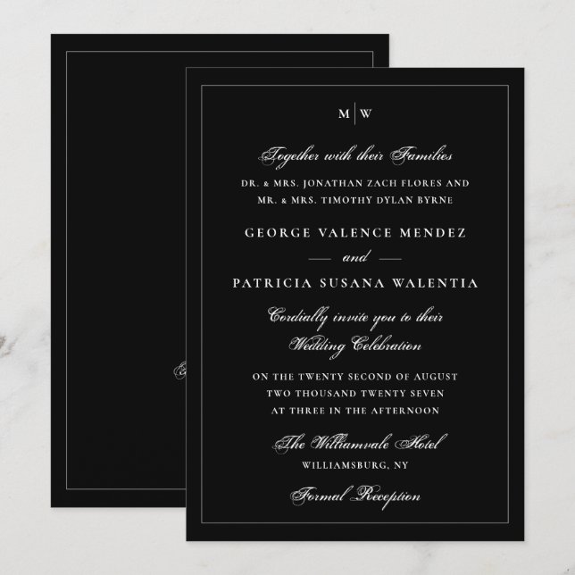 Invitación Elegante Código QR de Monograma de Corbata Negra p (Anverso / Reverso)