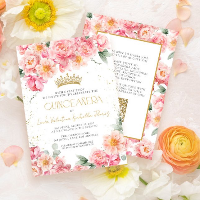 Invitación Elegante código QR de oro Floral Rosa Quinceañera (Subido por el creador)