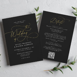 Invitación Elegante código QR de oro negro todo en un Boda
