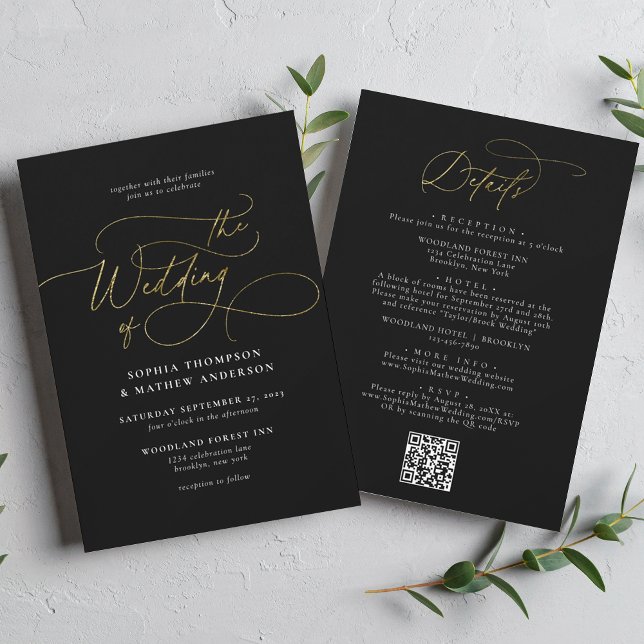 Invitación Elegante código QR de oro negro todo en un Boda (Subido por el creador)