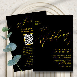 Invitación Elegante código QR de oro negro todo en un Boda de