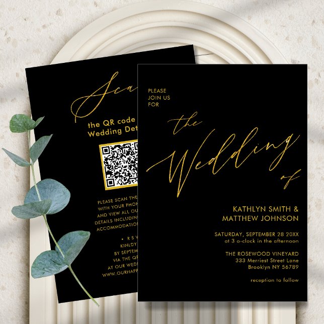 Invitación Elegante código QR de oro negro todo en un Boda de (Subido por el creador)