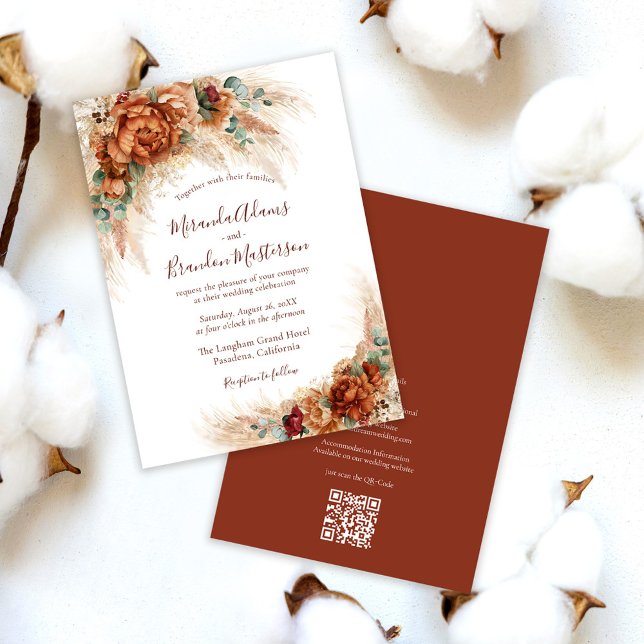 Invitación Elegante Código QR de Terracota Floral Boda Boho (Subido por el creador)