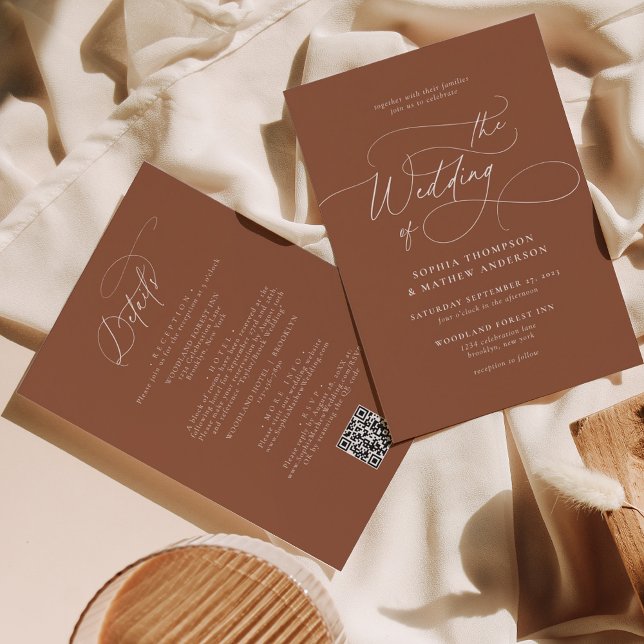 Invitación Elegante código QR de Terracota todo en un Boda (Subido por el creador)
