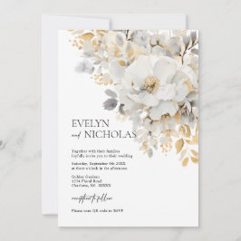 Invitación Elegante código QR de Wash floral Gold Gray Gold