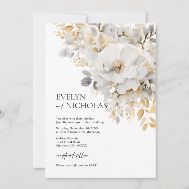 Invitación Elegante código QR de Wash floral Gold Gray Gold (Anverso)