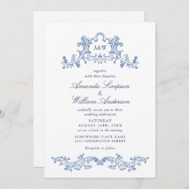 Invitación Elegante código QR del Boda Barroco Dusty Blue Cla