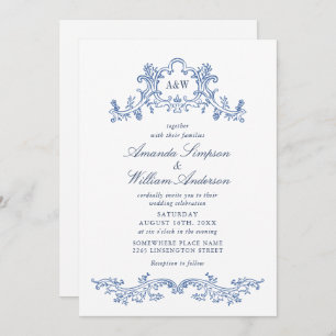 Invitación Elegante código QR del Boda Barroco Dusty Blue Cla