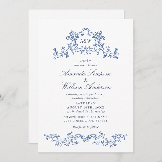 Invitación Elegante código QR del Boda Barroco Dusty Blue Cla (Anverso / Reverso)