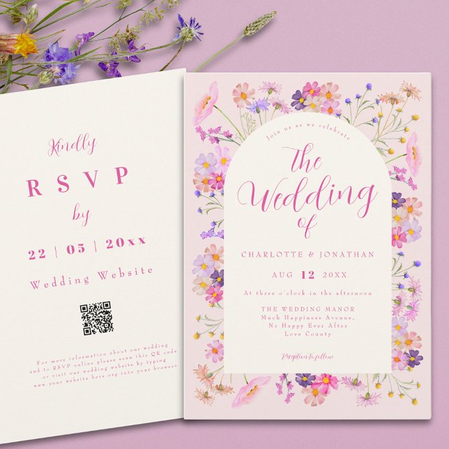 Invitación Elegante código QR del Boda de Flor Silvestre Boho (Elegant wildflower pink qr code wedding invitation )