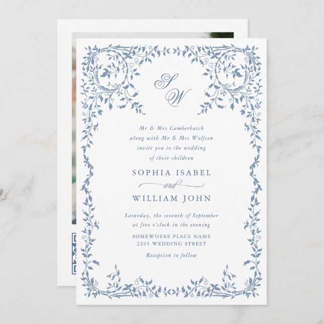 Invitación Elegante código QR del Boda del marco floral de la (Anverso / Reverso)