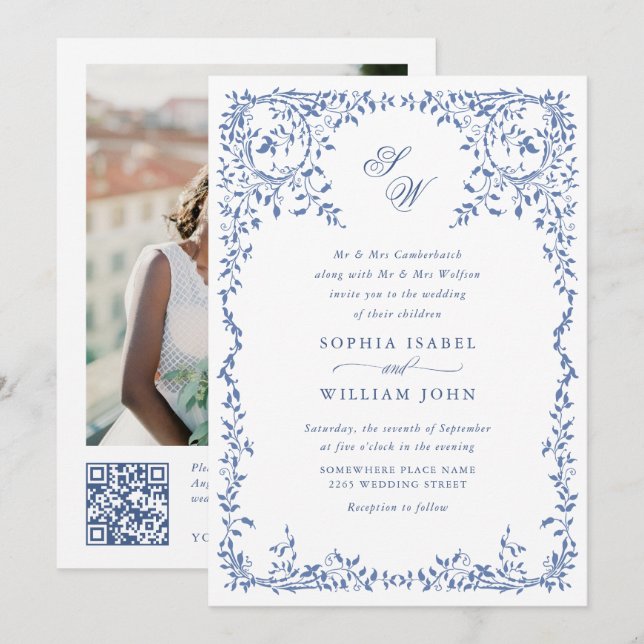 Invitación Elegante código QR del Boda del marco floral de la (Anverso / Reverso)