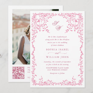 Invitación Elegante código QR del Boda del marco floral de la