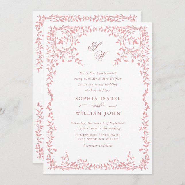 Invitación Elegante código QR del Boda del marco floral de la (Anverso / Reverso)