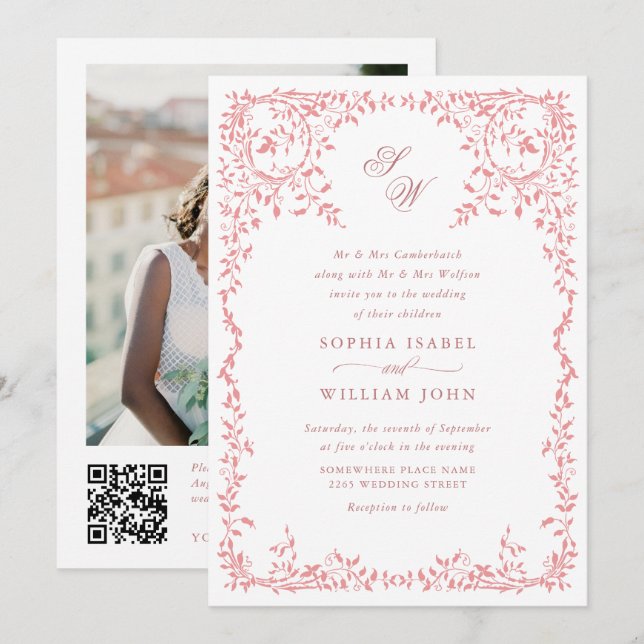 Invitación Elegante código QR del Boda del marco floral de la (Anverso / Reverso)