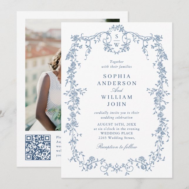 Invitación Elegante código QR del Boda del marco orgánico vic (Anverso / Reverso)