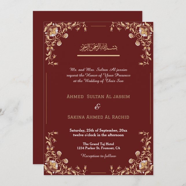 Invitación Elegante código Qr del Boda Islámico Oro Rojo Islá (Anverso / Reverso)