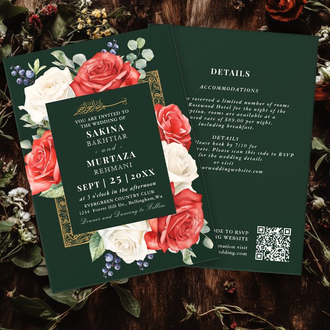 Invitación Elegante código QR del Boda musulmán verde floral (Subido por el creador)
