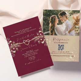 Invitación Elegante Código QR Dorado Burgundy Foto Boda