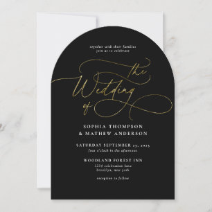 Invitación Elegante Código QR Dorado Negro Todo en uno Arco d