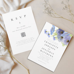 Invitación Elegante Código Qr Floral Acuarela Azul Boda