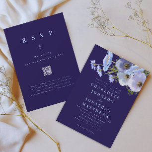 Invitación Elegante Código QR Floral Acuarela Azul Marino par