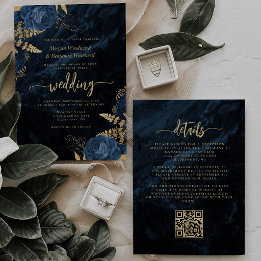 Invitación Elegante Código QR Floral Azul Marino Dorado para 