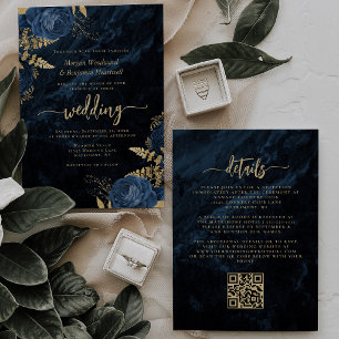 Invitación Elegante Código QR Floral Azul Marino Dorado para