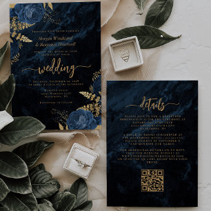 Invitación Elegante Código QR Floral Azul Marino Dorado para 