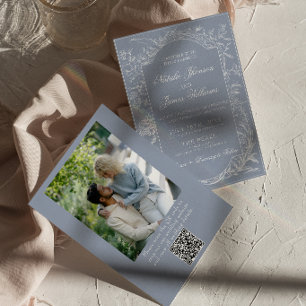 Invitación Elegante Código QR Floral Azul Polvoriento Foto Bo