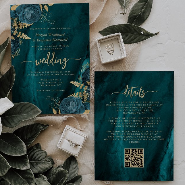 Invitación Elegante Código QR Floral Azul Teal Dorado para Bo (Subido por el creador)