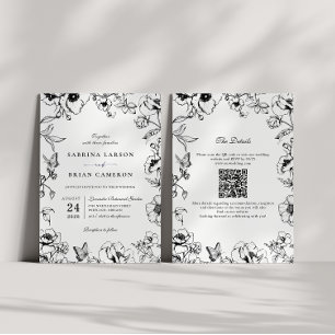 Invitación Elegante código QR floral blanco y negro de boda d