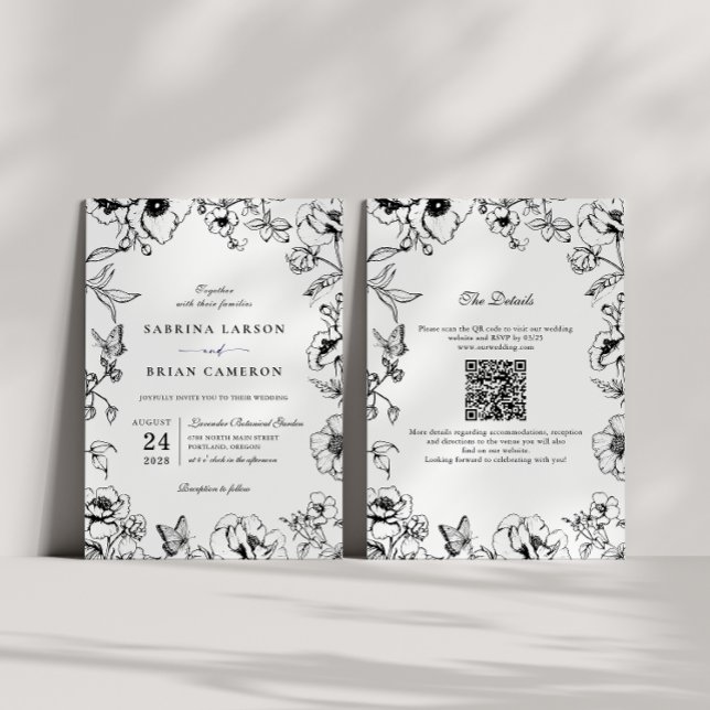 Invitación Elegante código QR floral blanco y negro de boda d (Subido por el creador)