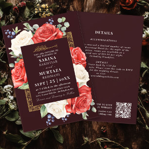 Invitación Elegante código QR floral borgoña Boda musulmán