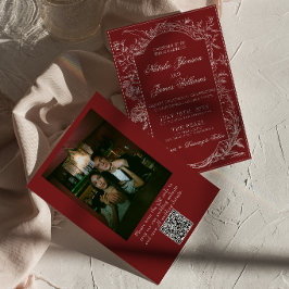 Invitación Elegante Código QR Floral Borgoña Foto Boda