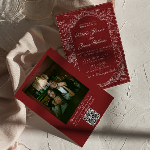 Invitación Elegante Código QR Floral Borgoña Foto Boda