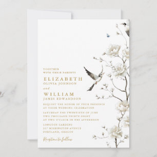 Invitación Elegante código QR floral Chinoiserie dorado para