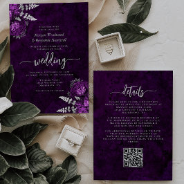 Invitación Elegante código QR floral de ciruela plateado para
