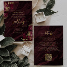 Elegante Código QR Floral Dorado Burgundy para Bod