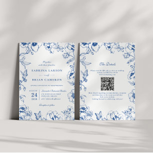 Invitación Elegante código QR floral jardín azul real boda