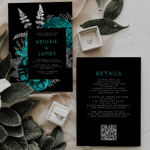 Invitación Elegante código QR floral oscuro de boda de color