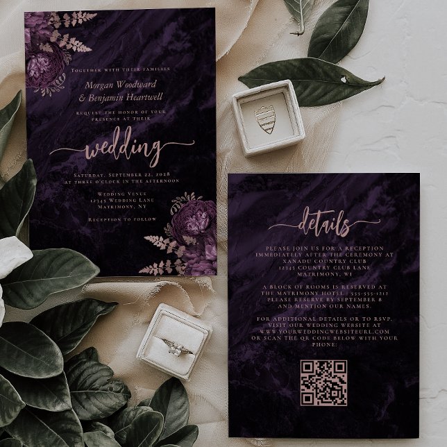 Invitación Elegante Código QR Floral Rosa Dorado Morado para  (Subido por el creador)