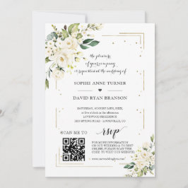 Invitación Elegante código QR Flores blancas Boda de oro