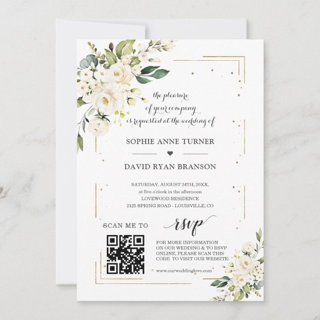 Invitación Elegante código QR Flores blancas Boda de oro (Anverso)