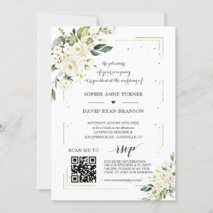 Invitación Elegante código QR Flores blancas Boda de oro