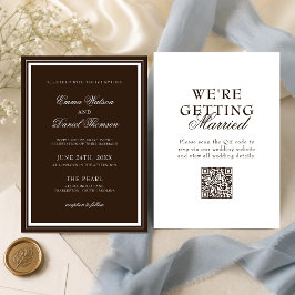 Invitación Elegante Código QR Minimalista de Boda Marrón Choc