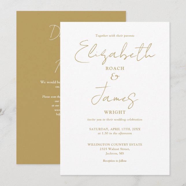 Invitación Elegante Código QR Minimalista Dorado Boda (Anverso / Reverso)