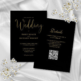 Invitación Elegante código QR moderno boda negro y oro
